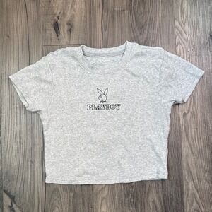 Playboy by PacSun Gray Ribbed Cropped T‎ Shirt Womens Size Large Bunny Logo